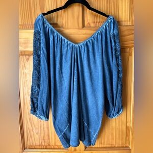 INC International Concepts Blue Blouse with Lace Detail